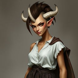 A Dungeons and Dragons fantasy character of a female tiefling with yellow skin and natural look without makeup