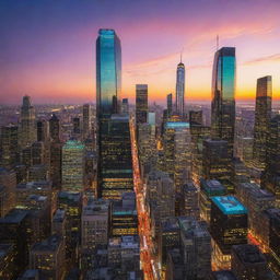 A bustling cityscape at sunset with vibrant colors reflecting off the shimmering skyscrapers