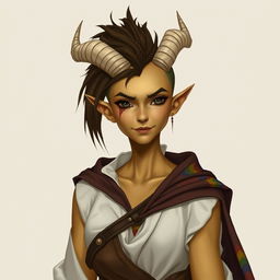 A Dungeons and Dragons fantasy character of a female tiefling with yellow skin and natural look without makeup