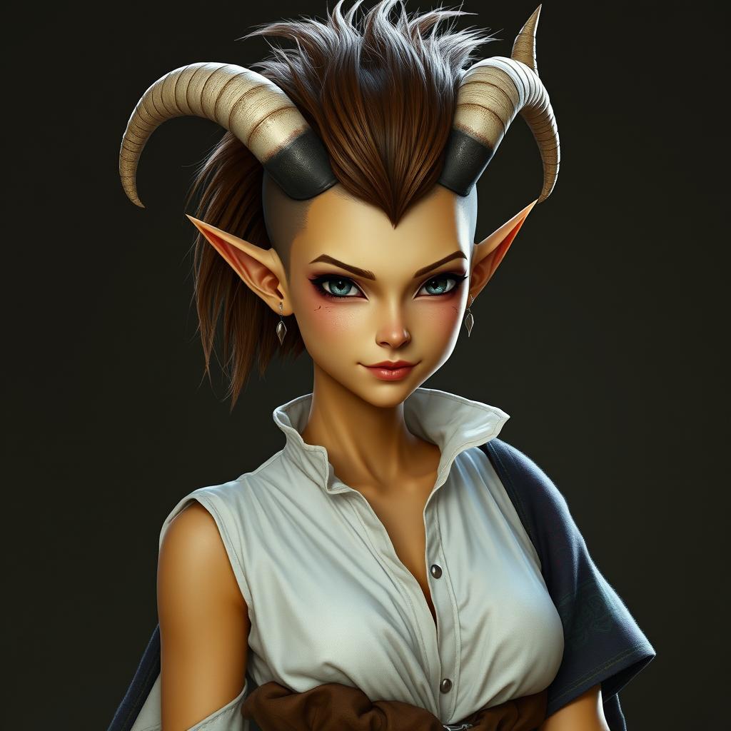 A Dungeons and Dragons fantasy character of a female tiefling with yellow skin and natural look without makeup