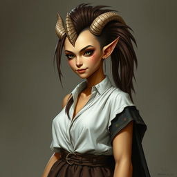 A Dungeons and Dragons fantasy character of a female tiefling with yellow skin and natural look without makeup