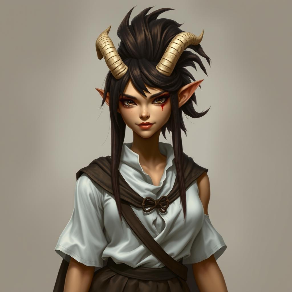 A Dungeons and Dragons fantasy character of a female tiefling with yellow skin and natural look without makeup