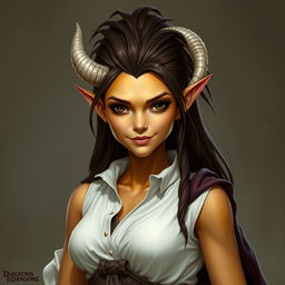 A Dungeons and Dragons fantasy character of a female tiefling with yellow skin and natural look without makeup