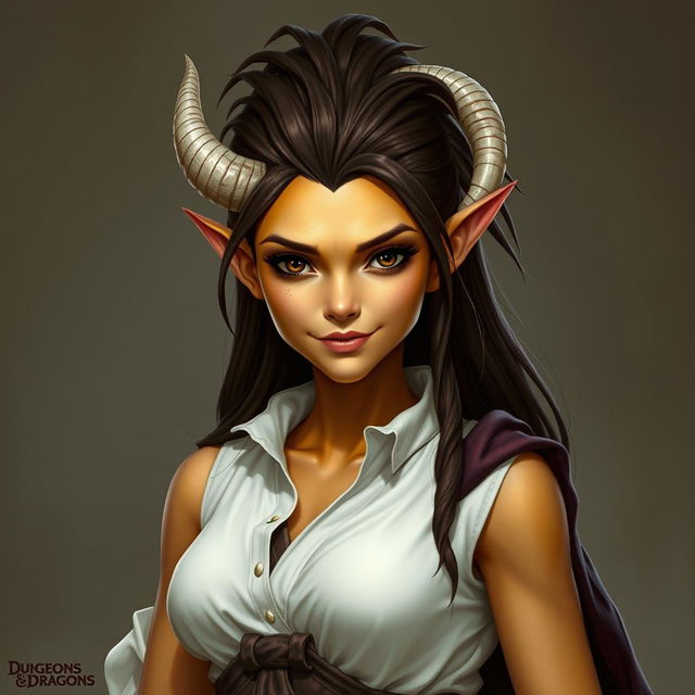 A Dungeons and Dragons fantasy character of a female tiefling with yellow skin and natural look without makeup