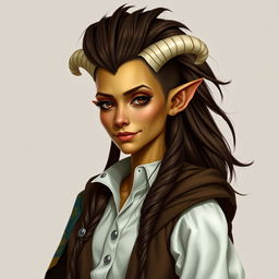 A Dungeons and Dragons fantasy character of a female tiefling with yellow skin and natural look without makeup