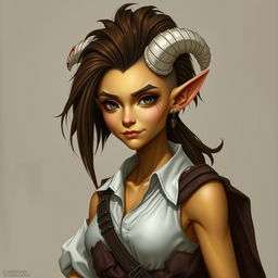 A Dungeons and Dragons fantasy character of a female tiefling with yellow skin and natural look without makeup