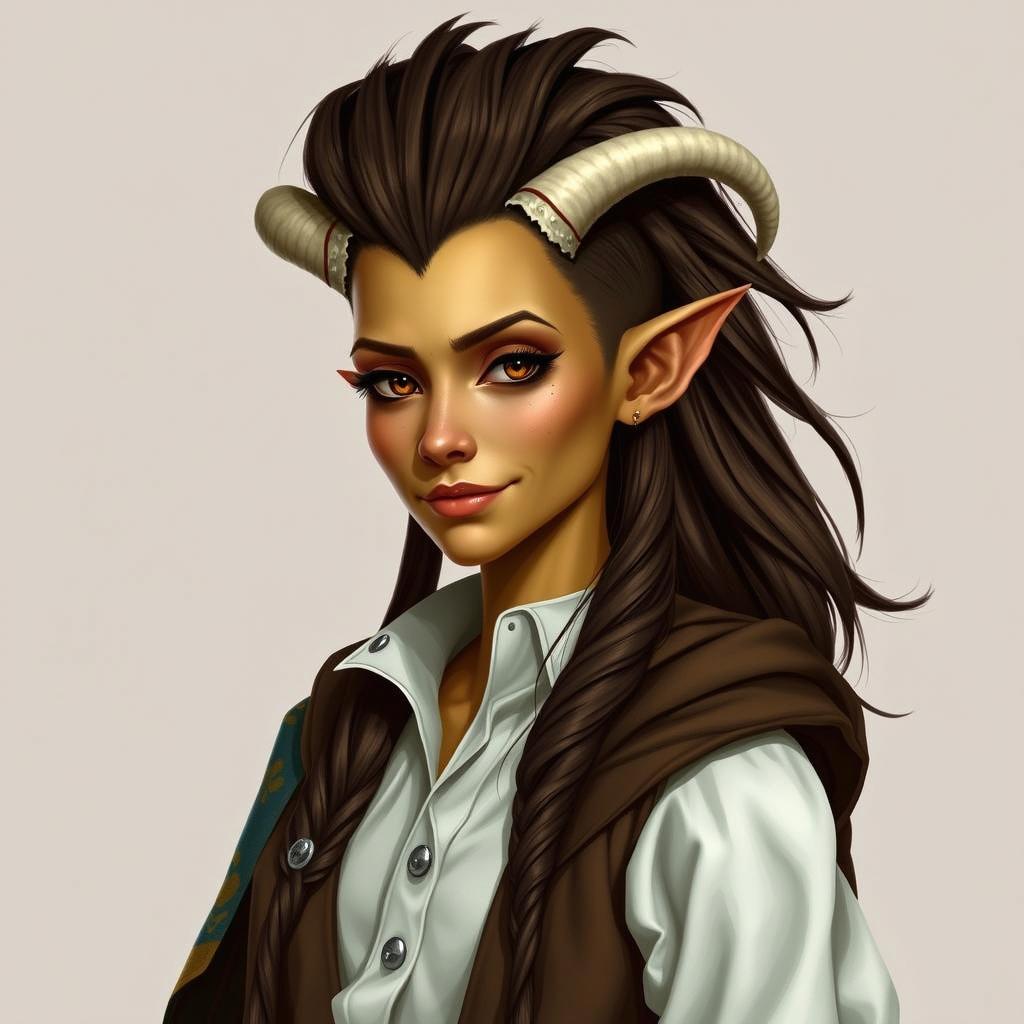 A Dungeons and Dragons fantasy character of a female tiefling with yellow skin and natural look without makeup