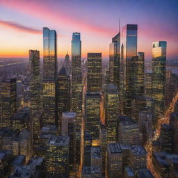 A bustling cityscape at sunset with vibrant colors reflecting off the shimmering skyscrapers