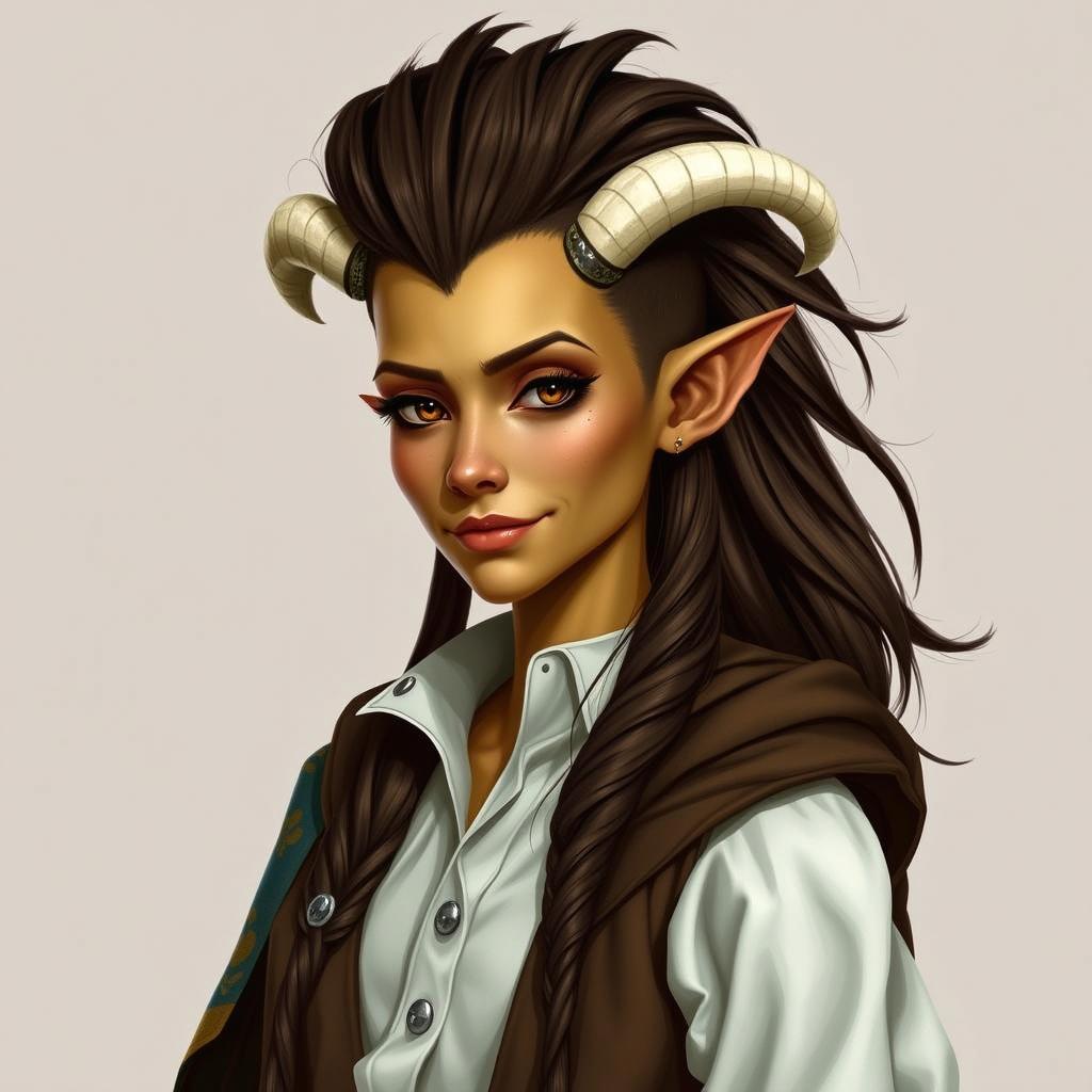 A Dungeons and Dragons fantasy character of a female tiefling with yellow skin and natural look without makeup