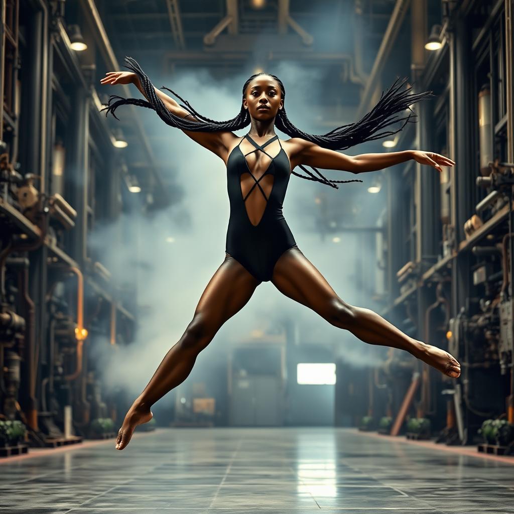 A steampunk-style ballerina with dark skin leaping in a high center split mid-air in a large industrial factory