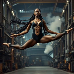 A steampunk-style ballerina with dark skin leaping in a high center split mid-air in a large industrial factory