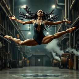 A steampunk-style ballerina with dark skin leaping in a high center split mid-air in a large industrial factory