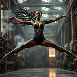 A steampunk-style ballerina with dark skin leaping in a high center split mid-air in a large industrial factory