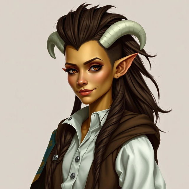 A Dungeons and Dragons fantasy character of a female tiefling with yellow skin and natural look without makeup