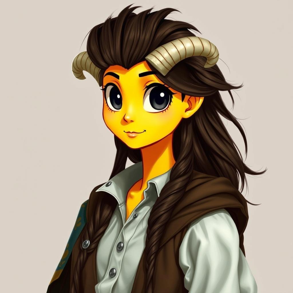 A Dungeons and Dragons fantasy character of a female tiefling with a more pronounced yellow skin tone and natural look without makeup