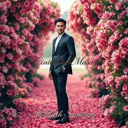 A tall and handsome Indonesian man stands gracefully in a sleek black outfit, surrounded by a beautiful array of flowers