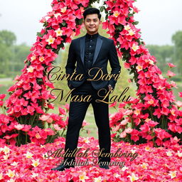 A tall and handsome Indonesian man stands gracefully in a sleek black outfit, surrounded by a beautiful array of flowers