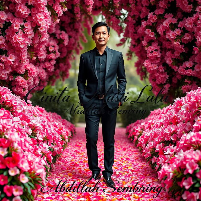 A tall and handsome Indonesian man stands gracefully in a sleek black outfit, surrounded by a beautiful array of flowers