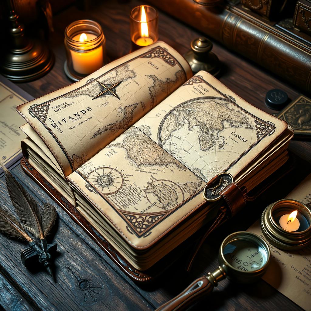 A vintage-style, leather-bound diary with intricate geographic maps as its pages, showcasing detailed hand-drawn cartography