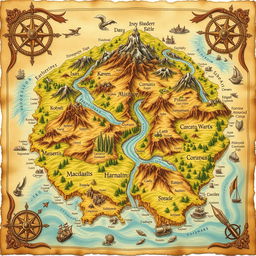 A beautifully illustrated, detailed map of a fictional fantasy world, featuring diverse terrains like mountains, forests, rivers, and oceans