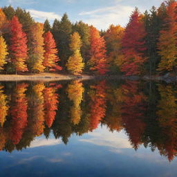 Generate an image of a tranquil autumn landscape, depicting the brilliantly colored leaves, and a crystal clear lake reflecting the warm hues of the sunset.