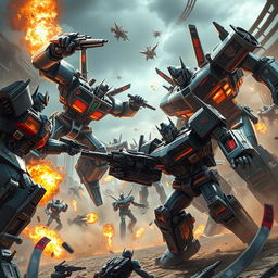 A dramatic and action-packed scene featuring Transformers in the midst of an epic battle