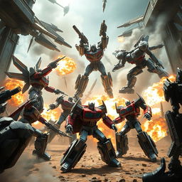 A dramatic and action-packed scene featuring Transformers in the midst of an epic battle