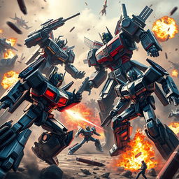 A dramatic and action-packed scene featuring Transformers in the midst of an epic battle