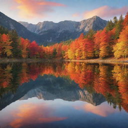 Generate an image of a tranquil autumn landscape, depicting the brilliantly colored leaves, and a crystal clear lake reflecting the warm hues of the sunset.