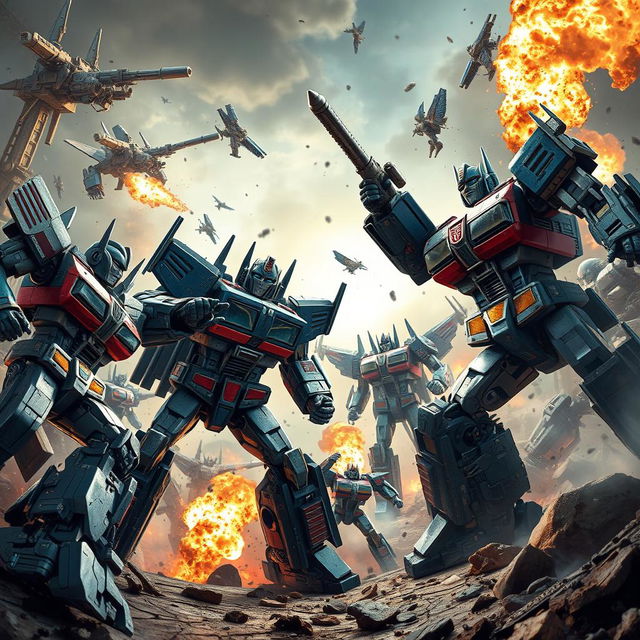 A dramatic and action-packed scene featuring Transformers in the midst of an epic battle