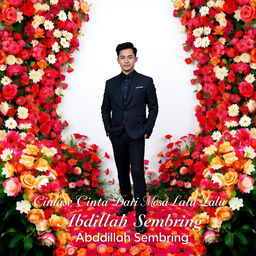 A tall and handsome Indonesian man is confidently standing in a stylish black outfit, surrounded by a stunning array of flowers