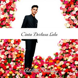 A tall and handsome Indonesian man is confidently standing in a stylish black outfit, surrounded by a stunning array of flowers