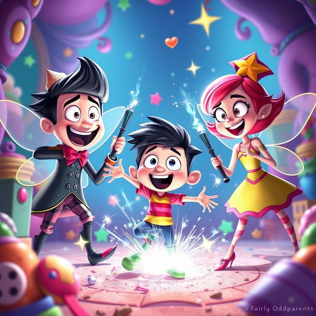 A vibrant and whimsical scene inspired by The Fairly OddParents, featuring Timmy Turner along with his fairy godparents, Cosmo and Wanda