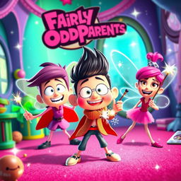 A vibrant and whimsical scene inspired by The Fairly OddParents, featuring Timmy Turner along with his fairy godparents, Cosmo and Wanda