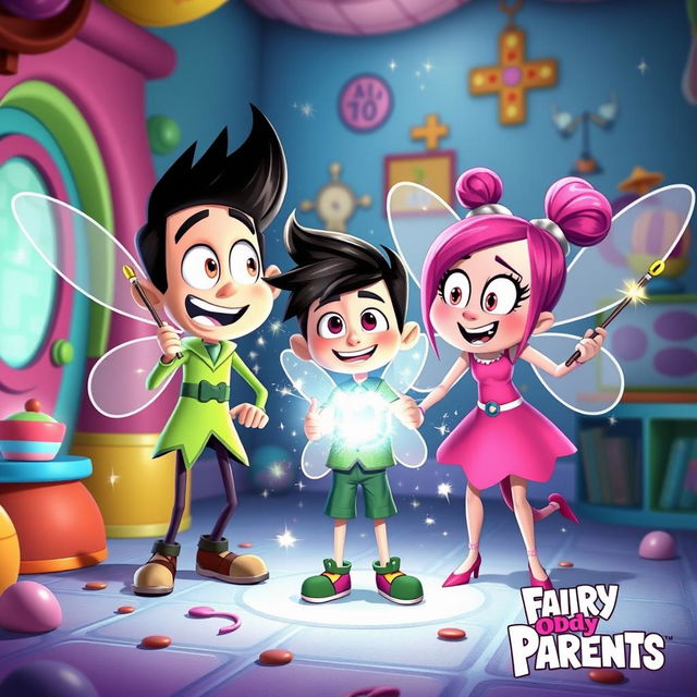 A vibrant and whimsical scene inspired by The Fairly OddParents, featuring Timmy Turner along with his fairy godparents, Cosmo and Wanda