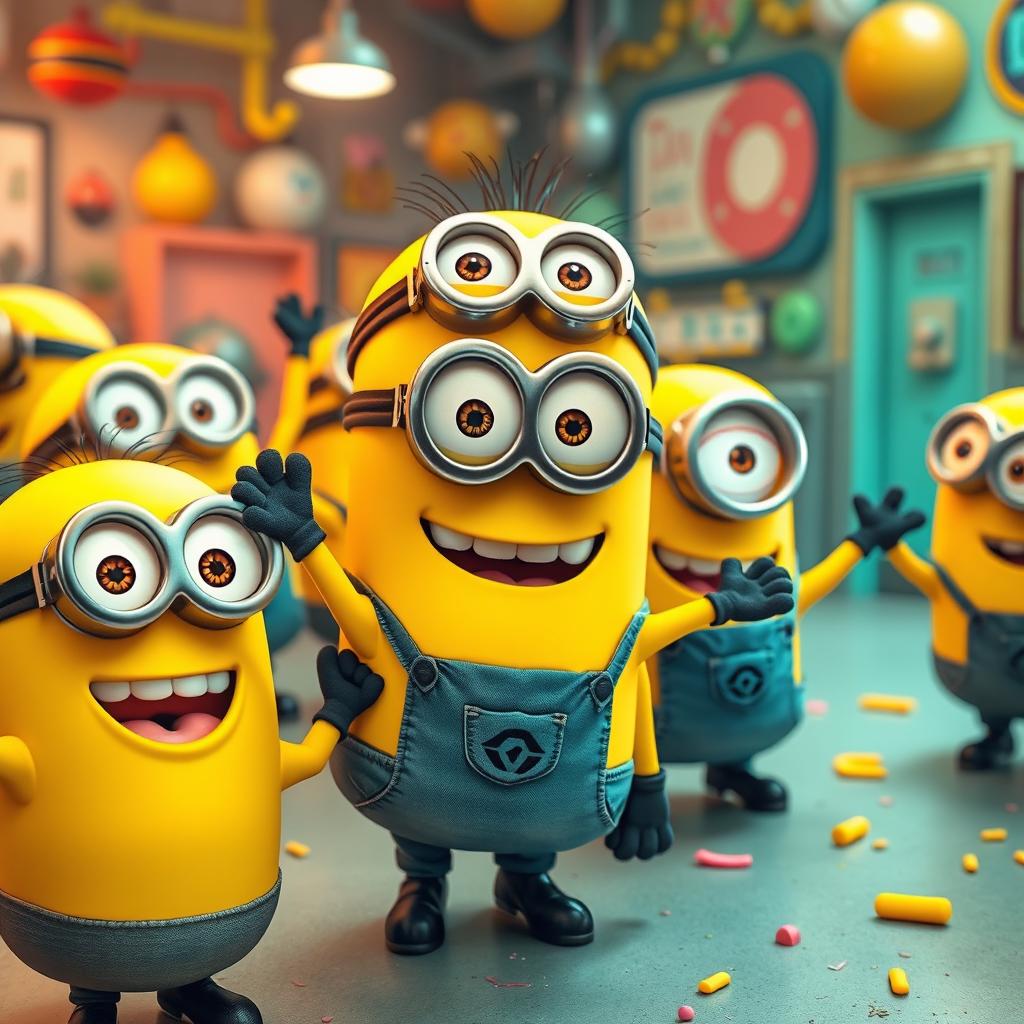 A joyful and humorous scene featuring the Minions in their classic, mischievous antics