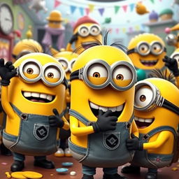 A joyful and humorous scene featuring the Minions in their classic, mischievous antics