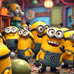 A joyful and humorous scene featuring the Minions in their classic, mischievous antics