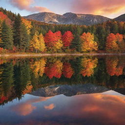 Generate an image of a tranquil autumn landscape, depicting the brilliantly colored leaves, and a crystal clear lake reflecting the warm hues of the sunset.