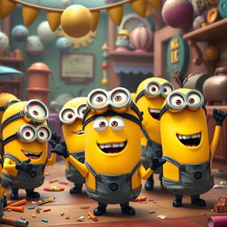 A joyful and humorous scene featuring the Minions in their classic, mischievous antics