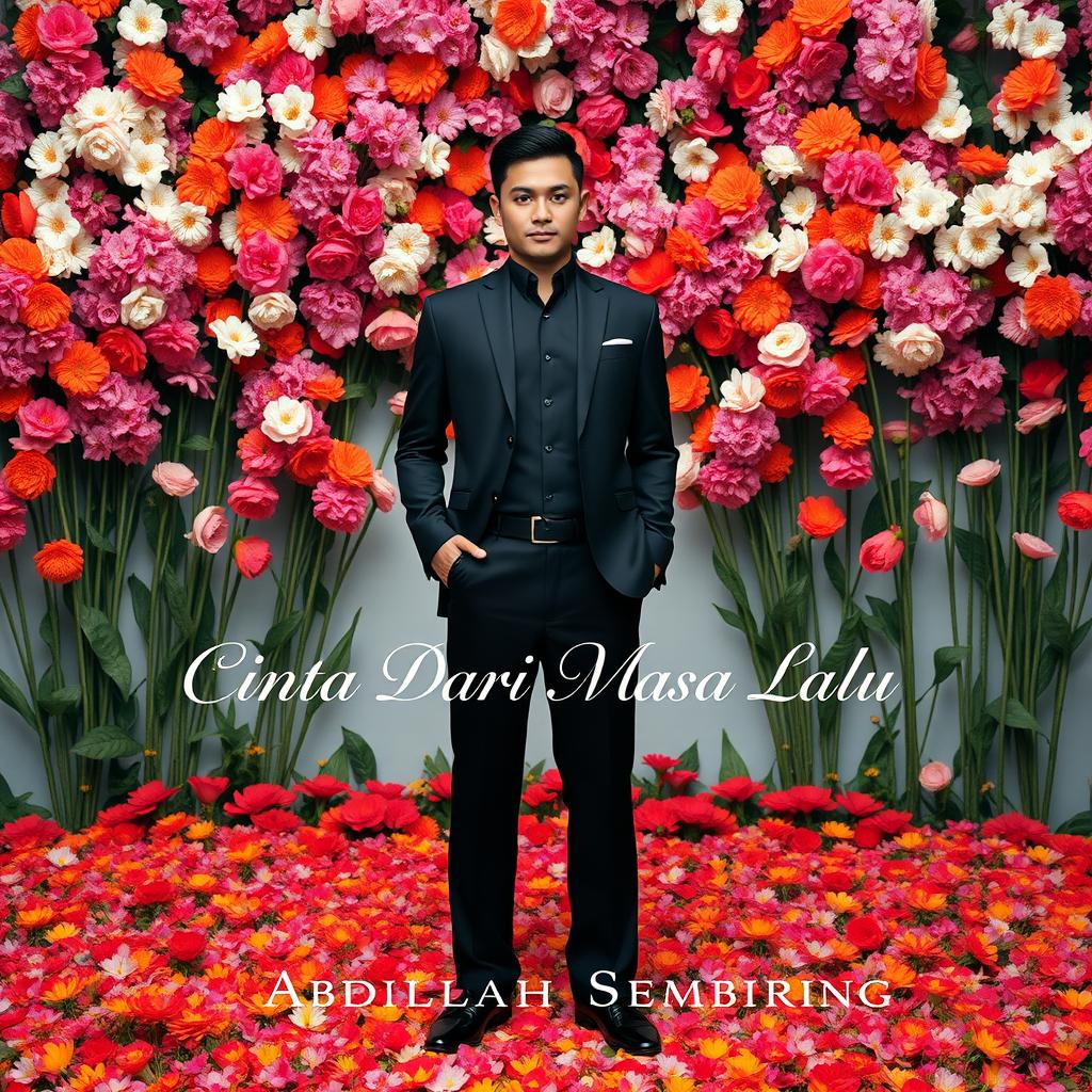 A tall and handsome Indonesian man stands confidently in a sophisticated black outfit, with an enchanting array of flowers enveloping him