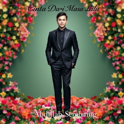 A tall and handsome Indonesian man stands confidently in a sophisticated black outfit, with an enchanting array of flowers enveloping him