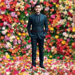 A tall and handsome Indonesian man stands confidently in a sophisticated black outfit, with an enchanting array of flowers enveloping him