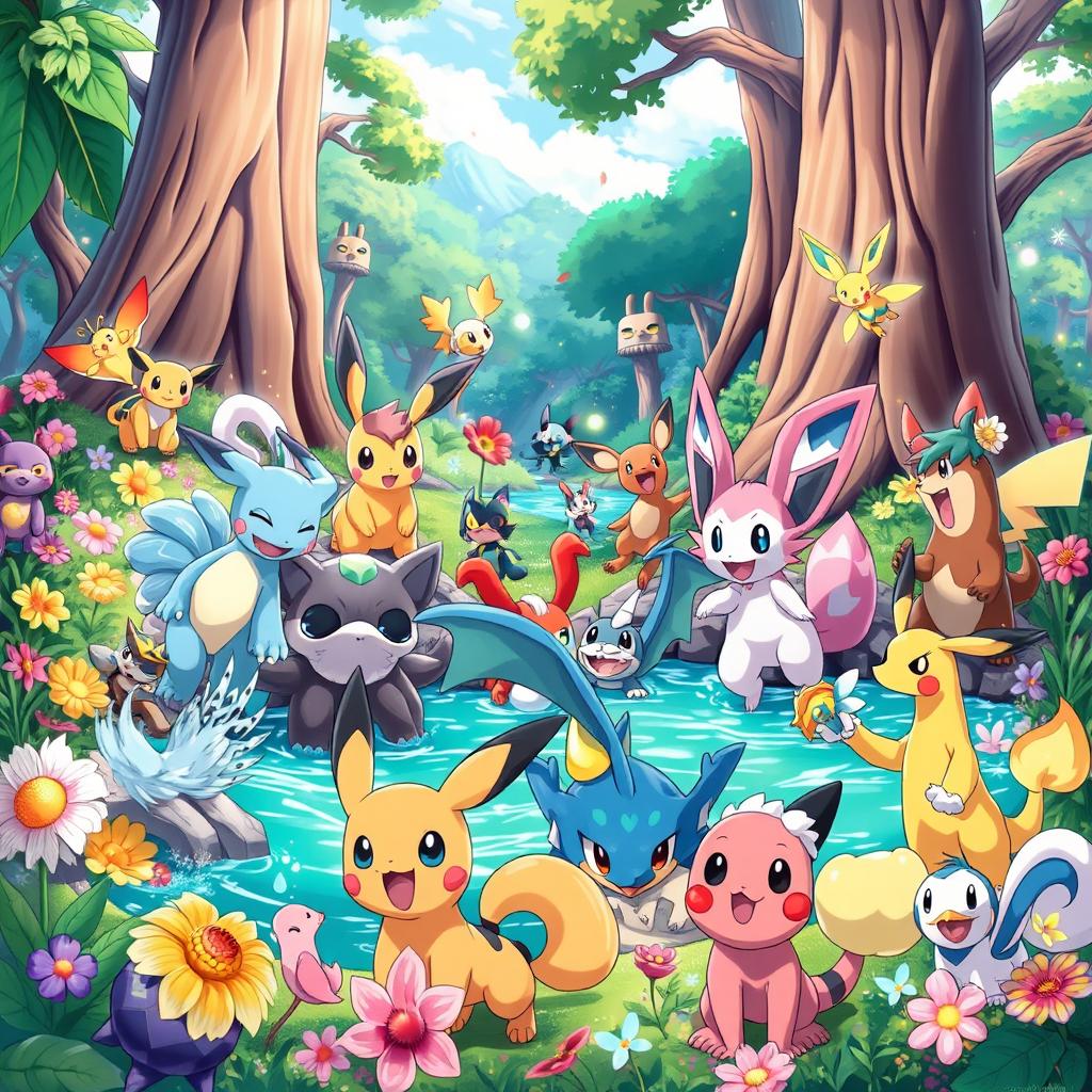 A lively and colorful scene featuring various Pokémon in a vibrant natural habitat