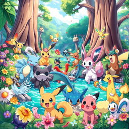 A lively and colorful scene featuring various Pokémon in a vibrant natural habitat