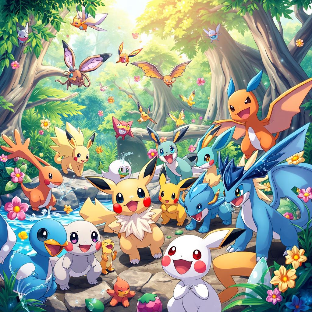 A lively and colorful scene featuring various Pokémon in a vibrant natural habitat