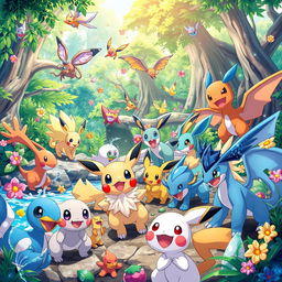 A lively and colorful scene featuring various Pokémon in a vibrant natural habitat