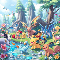 A lively and colorful scene featuring various Pokémon in a vibrant natural habitat