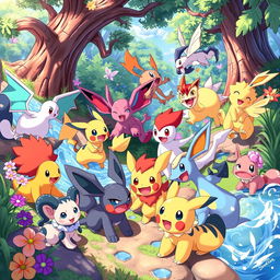 A lively and colorful scene featuring various Pokémon in a vibrant natural habitat