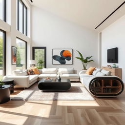 A modern living room featuring a unique, cutting-edge furniture piece as the centerpiece